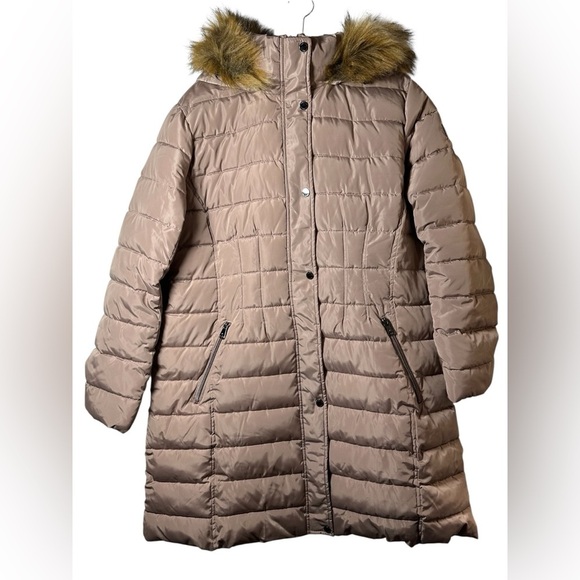 Kenneth Cole Taupe Puffer Coat Women’s XL Long Hooded Jacket Faux Fur Lined Warm - Picture 2 of 10